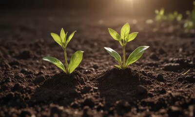 Sunlight illuminates delicate spring seedling pushing through rich dark soil , sunlight, young, green