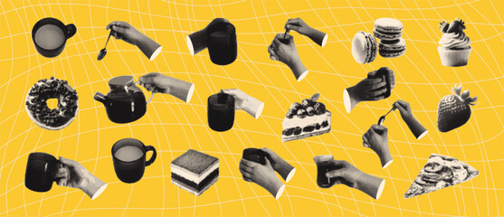 Halftone collage elements set. Hands holding cups coffee or tea, sweets with vintage dotted texture. The effect of grain and dotted lines. Modern vector illustration.