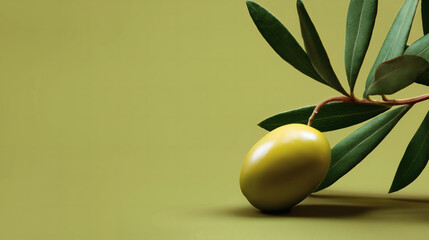Single Green Olive with Leaves Minimalist Natural Food Photography