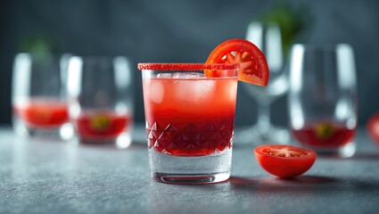 Detailed view of a red drink in a glass garnished with a tomato slice on a grey stony background. Distinct taste. Unpolished cocktail.