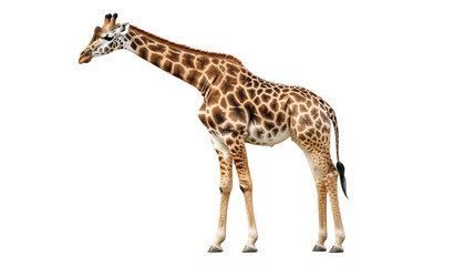 Naklejka premium Graceful Giraffe in Profile: An elegant giraffe showcases its striking patterned coat and impressive height, presented in a clean, simple, and photorealistic style. A majestic creature.