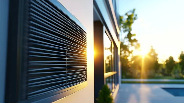 Air conditioning unit mounted on a clean, modern home facade, with visible refrigerant lines and condenser fins, highlighting residential climate control during a warm summer day