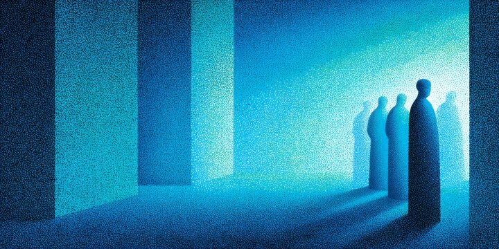 A metaphorical spotlight shining on a government office with figures in shadows retreating