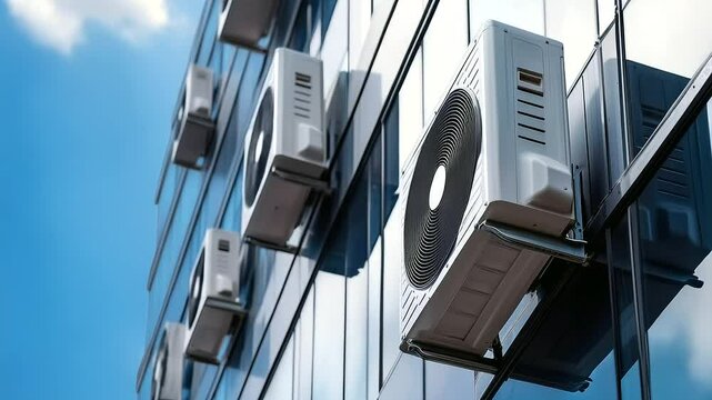 Air conditioning units on a contemporary apartment building facade, sleek metallic surfaces and ducts in sharp focus, contrasting against modern glass windows and blue sky
