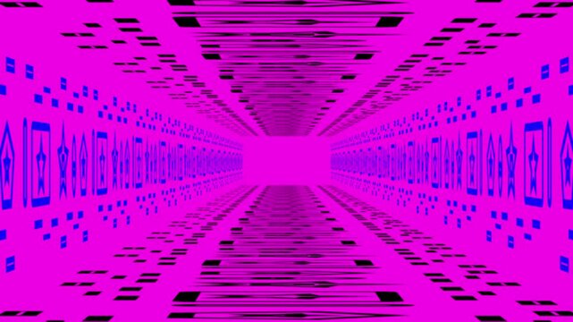 A bright magenta visual tunnel that radiates in all directions giving the impression of a journey into a neon parallel dimension. 3D animation
