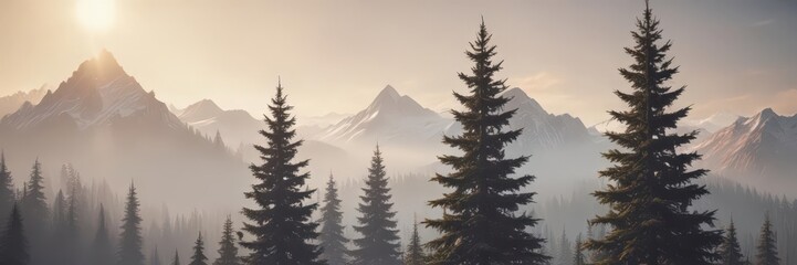 Sun-drenched misty peaks, retro-styled fir trees, ray, bright