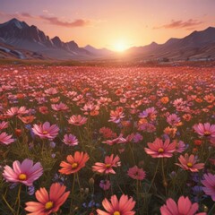 Vast cosmos field, sunset hues, vibrant petals,  image,  garden,  sun