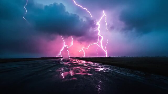 Electric Lightning Storm Flashes Over Wet Road With Dramatic Blue And Pink Sky