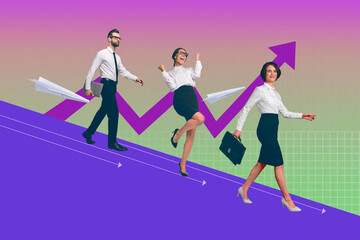 Collage of people office tools arrow chart symbolizing business growth earnings teamwork career development