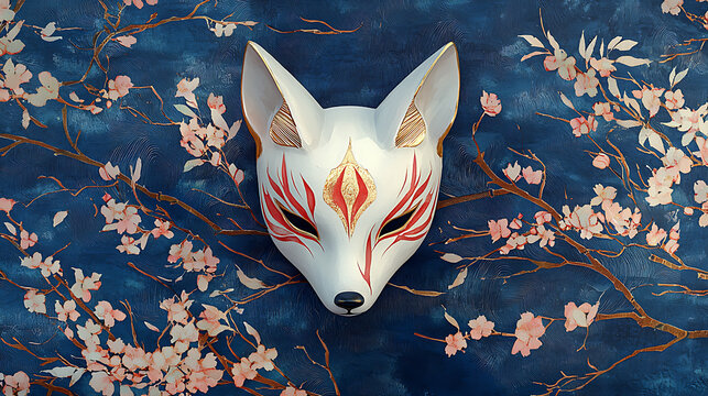 A white kitsune mask with red markings, set against a dark blue background with cherry blossoms.