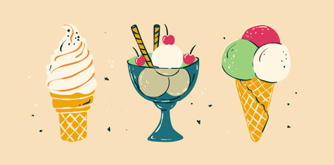 Ice cream Hand drawn doodle set. Different types, waffle cone, cup ice cream, popsicle, sundae. Sketch style cafe menu, card, birthday card decoration. Vector illustration