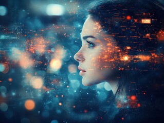 Artificial intelligence advancing virtual assistant technologies selective focus, surreal, composite, AI workspace backdrop