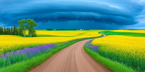 A rural road vanishing into a horizon filled with thunderstorm clouds