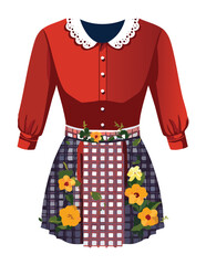 Obraz premium Red Top with Gingham Skirt and Flowers - Vector Illustration