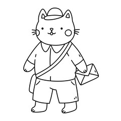 Cute postman cat with a letter isolated on a white background. Vector hand-drawn illustration in doodle style. Perfect for decorations, logo, various designs.