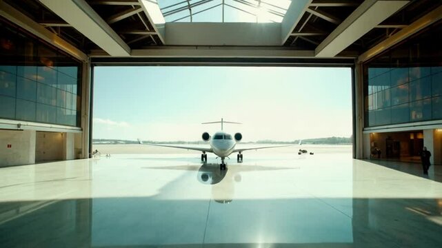 A modern private jet sits poised in a state-of-the-art hangar, offering a stunning display of luxury travel and high-end transport. Its sleek lines and polished finish reflect the promise of swift.