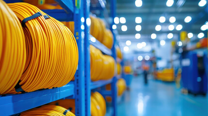 Neatly stacked coils of yellow cables in warehouse, showcasing organized storage and industrial environment