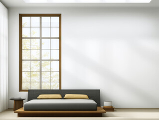 Fototapeta premium Minimalist bedroom design with large window and natural light in modern space