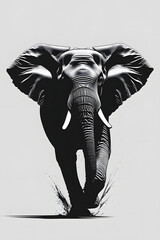 Elephant charging forward wildlife scene black and white art artistic representation dynamic perspective strength and majesty