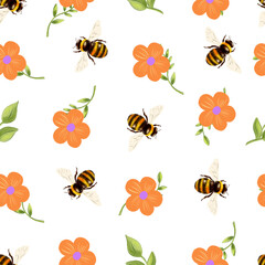 Seamless watercolor pattern with bumblebees, orange flowers, and green leaves. Bright and cheerful design, ideal for spring and summer-themed projects, textiles, and children's decor
