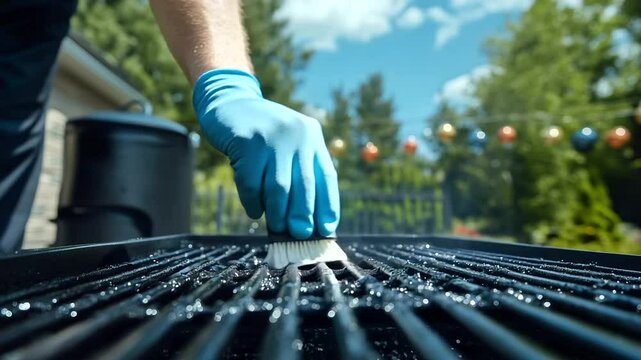 Focused image of a man&rsquo;s gloved hand cleaning grill grates, using a brush to scrub away food remnants and ensuring hygiene for the upcoming barbecue, with outdoor decorations in th