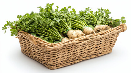 Fresh organic vegetables in woven basket, showcasing vibrant greens and earthy roots, perfect for healthy meals