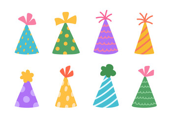 A set of birthday party hats isolated on a white background. Vector hand-drawn illustration in flat style. Perfect for decorations, holiday designs, cards, logo.