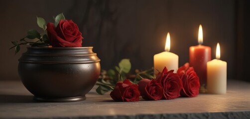 Burning candles flank a single red rose on a cremation urn, ceremony, memorial