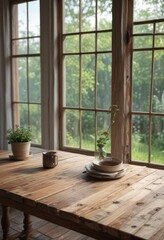 Rustic wooden table near bright window, perfect for product photography ,  shadow,  wood grain