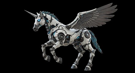 Fototapeta premium Robotic unicorn pegasus machine robot animal cyborg fantasy creature technology artificial intelligence art