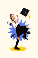 Sketch image design trend artwork collage of young school age girl stand success smile graduation...