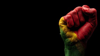 Hand is clenched into a fist, proudly raised up, Pan-African colors, June 19th Juneteenth day, Kwanzaa. Red, black, yellow and green colors. Africa Day.