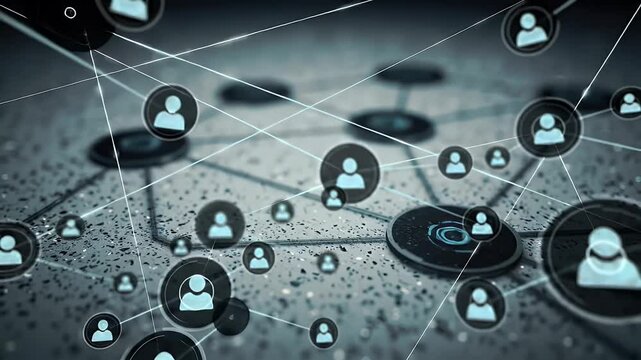 Circle shape people icon and connection line for social network cyber futuristic technology concept with dark and grain processed