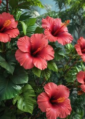 Vibrant hibiscus blooms, lush tropical foliage ,  texture,  flora,  flower