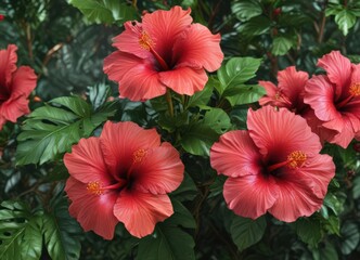 Vibrant hibiscus blooms, lush tropical foliage ,  texture,  wallpaper,  jungle