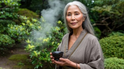 Elderly asian female enjoying tea in serene garden setting