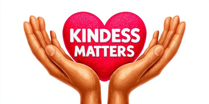 a minimalist heart icon formed by two hands with the words kindness matters beneath on white background