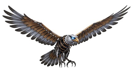 Fototapeta premium Steampunk eagle flying mechanical bird robotic falcon metal wings futuristic artwork design illustration