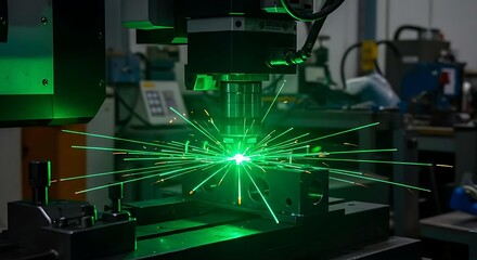 Close up of green laser cutting metal with sparks in industrial manufacturing process. Advanced welding technology.