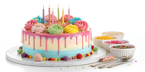 A beautifully decorated birthday cake with colorful frosting, candles, and festive elements displayed on a clean white background, perfect for celebrations, parties, and dessert-themed designs.