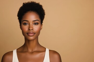 portrait of African American elegant woman 35 years old on beige background, copy space