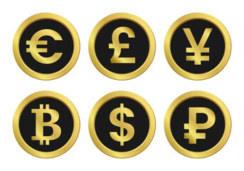 Realistic gold metallic currency coin, award, medal, symbol. Euro, dollar, yuan, ruble, pound sterling, bitcoin, money change render icon on black. Exchanger, currency exchange. Vector EPS10