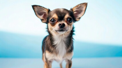 A charming Chihuahua stands attentively, facing the camera directly with its large, expressive eyes and characteristic upright ears. Its short, smooth, fawn-colored coat complements the vibrant teal 