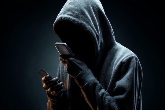 unknown man in hood with phone in his hand on dark background, phone scammer, fraudster
