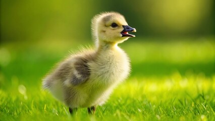 A fluffy and adorable baby gosling stands confidently on lush green grass, its soft yellow down contrasting with its darker wings and bright, curious eyes. Its tiny beak is slightly open, as if chirpi