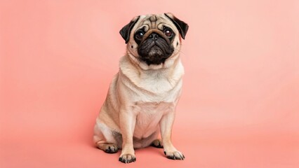 A charming fawn-colored Pug dog sits attentively with its signature wrinkled face and short muzzle, posed against a soft pink background