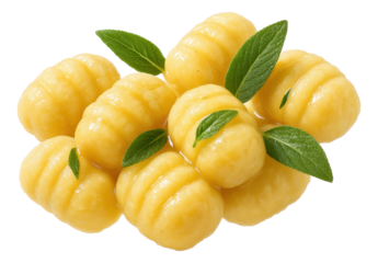 Fresh yellow gnocchi garnished with green basil leaves on transparent background.