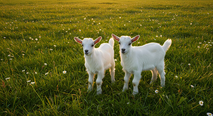 Obraz premium Adorable Baby Goats in a Sunny Meadow