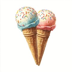 Two Scoops of Ice Cream in Pastel Cones with Sprinkles