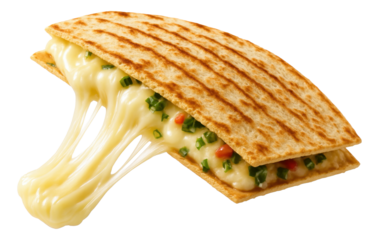 Grilled quesadilla with melted cheese, diced green onions, and red peppers, showing a cheese pull on transparent background.